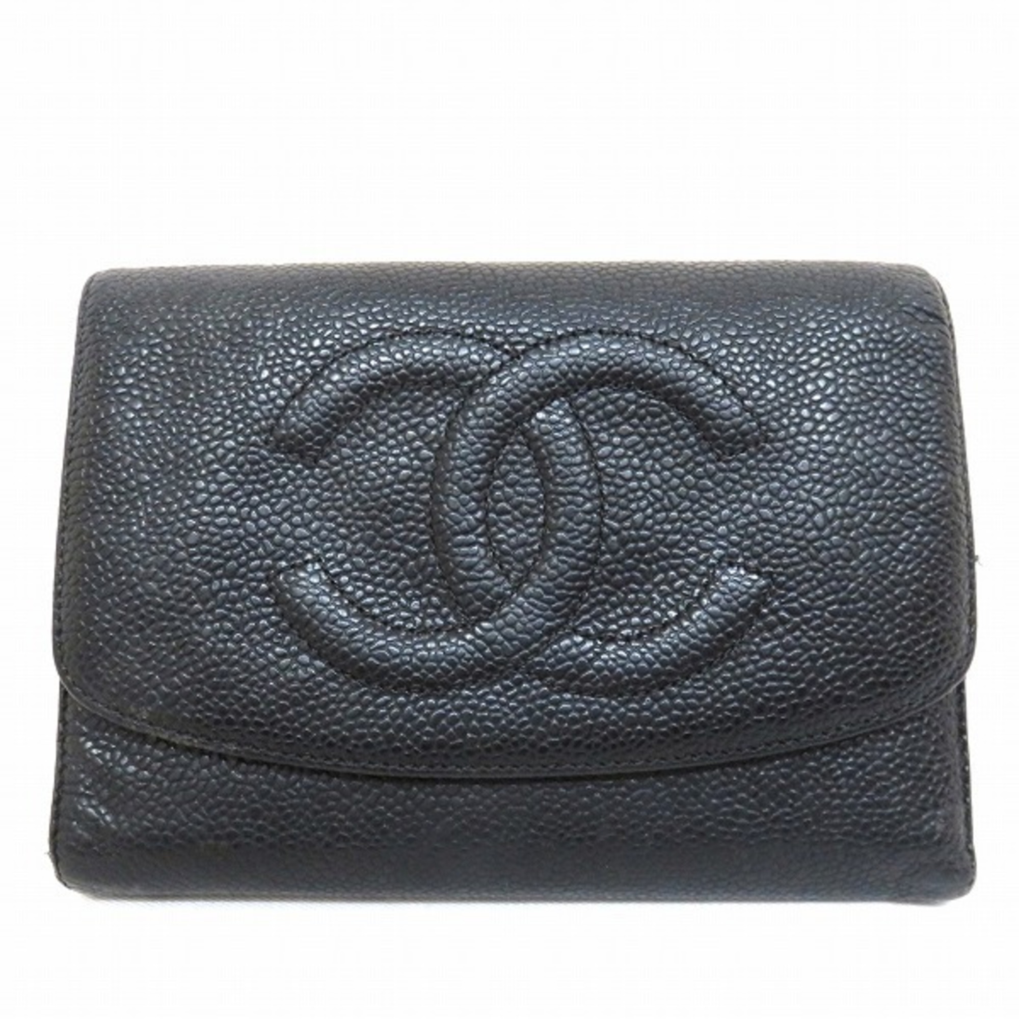 Chanel Here Mark Tri-Fold Wallet Caviar Skin Black Ladies